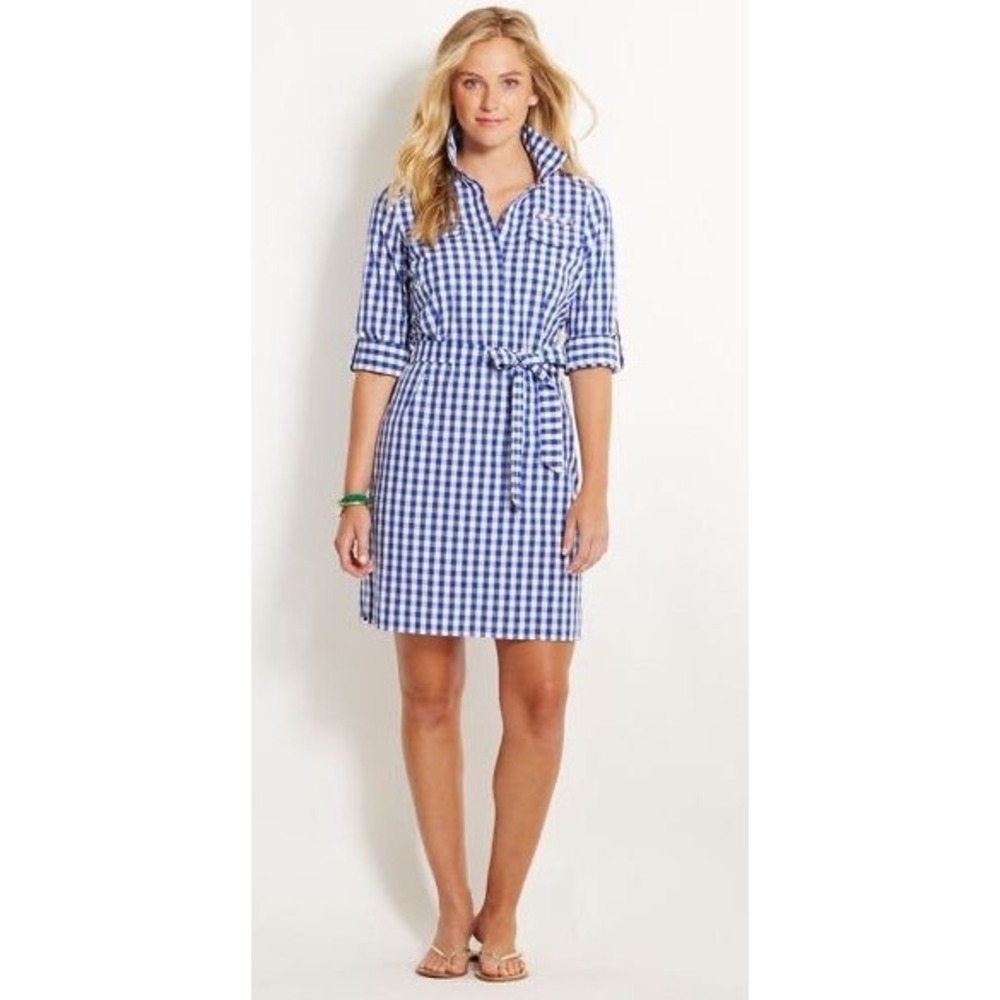 Vineyard Vines Shirt Dress Women 6 Navy Blue Excellent Gingham Belted Cotton